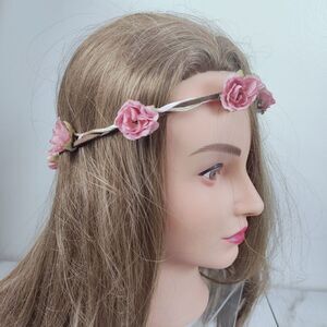 Handmade Pink Wild Roses Flower Crown Hippie Festival Bridal Headband, OS